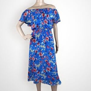Studio One Women's Blue Floral Off The Shoulder Smocked Midi Dress Size 14